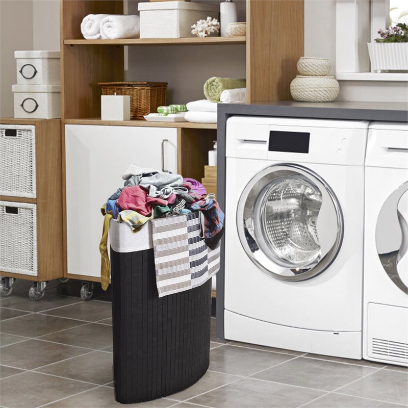 Costway Bamboo and Cotton Corner Hamper Laundry Basket in Black