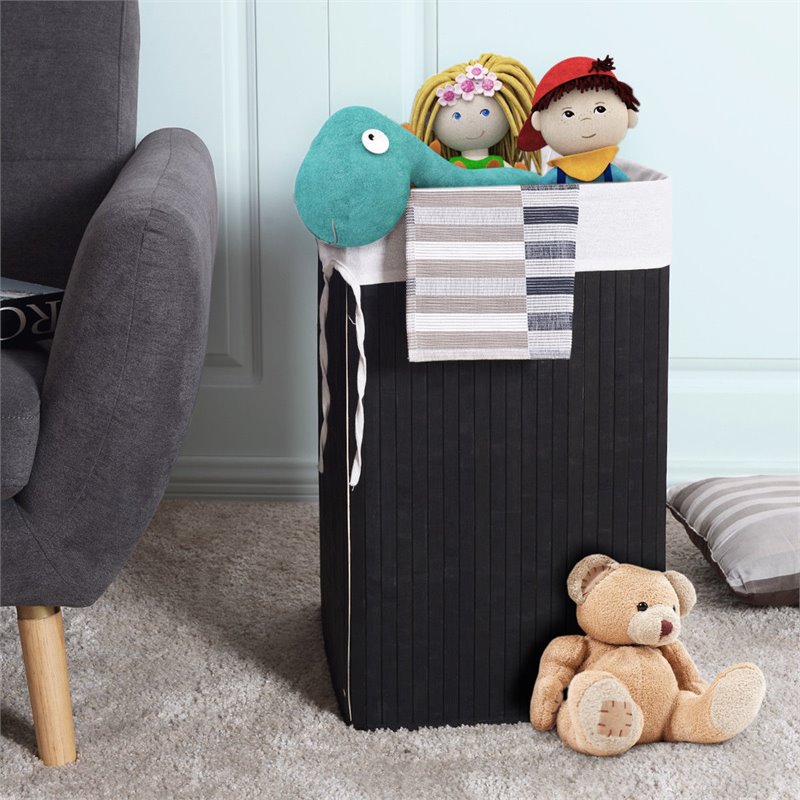 Costway Bamboo and Cotton Corner Hamper Laundry Basket in Black