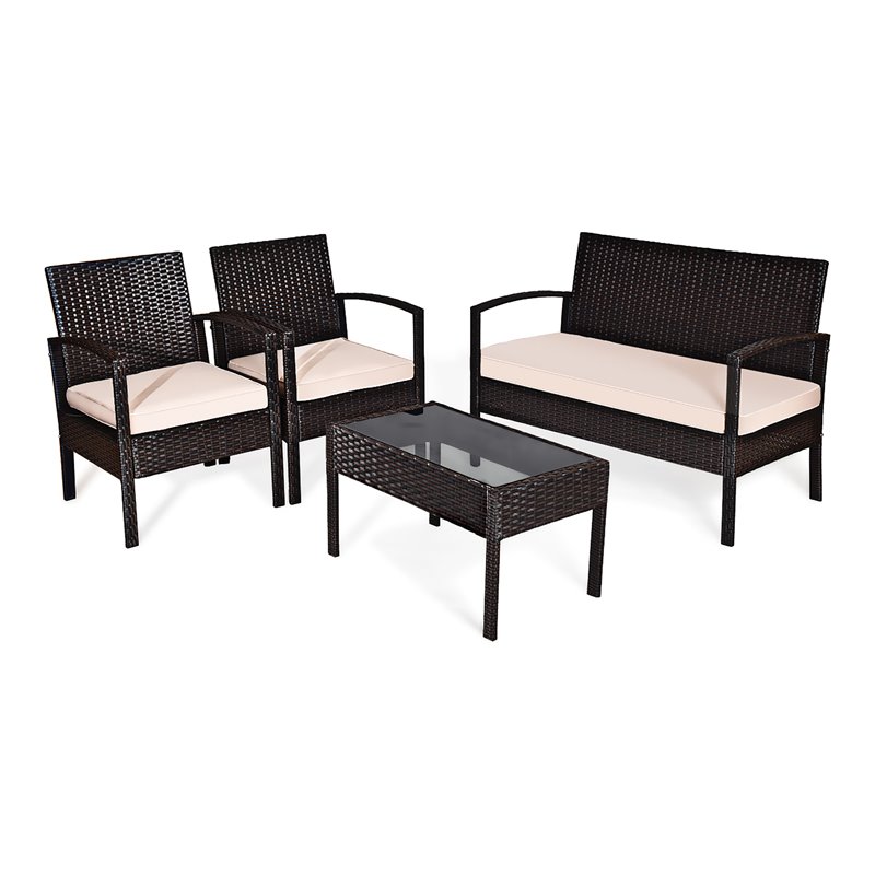 Costway 4 Pieces Rattan Patio Conversation Furniture Set with Cushion in Black