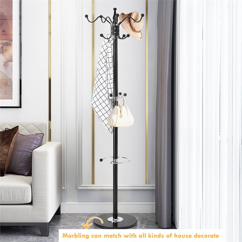 Costway 70'' Contemporary Iron & Marble Coat Rack with 15 Hooks in Black
