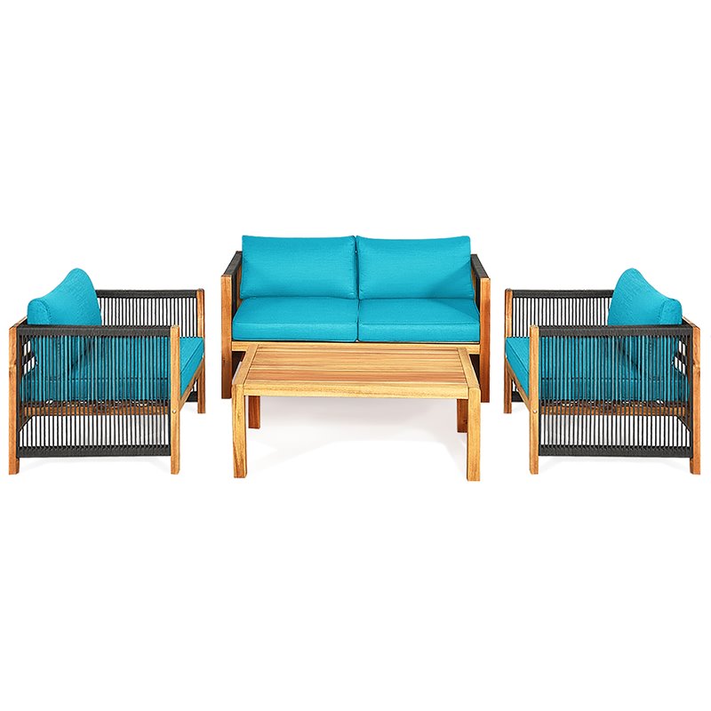 Costway 8 Pieces Wood Patio Furniture Set with Rope Armrest in Turquoise