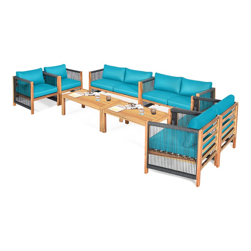 Costway 8 Pieces Wood Patio Furniture Set with Rope Armrest in Turquoise
