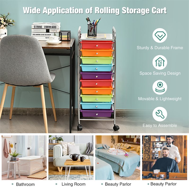 Costway Metal Scrapbook Paper Rolling Storage Cart with 10 Drawer in Multi-Color