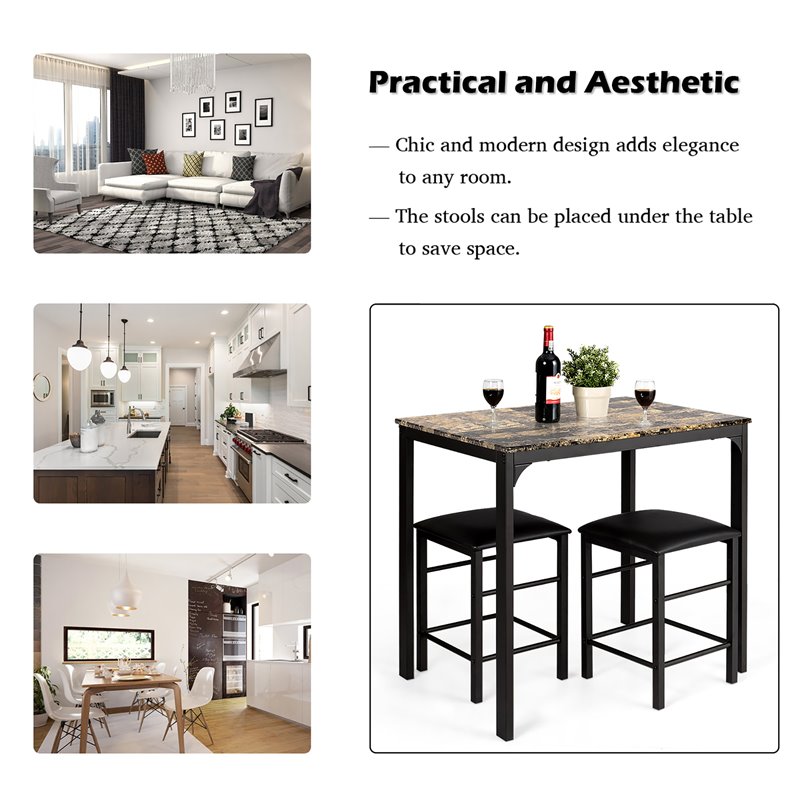 Costway 3 Pieces Wood Counter Height Dining Set with Table and 2 Stools in Brown