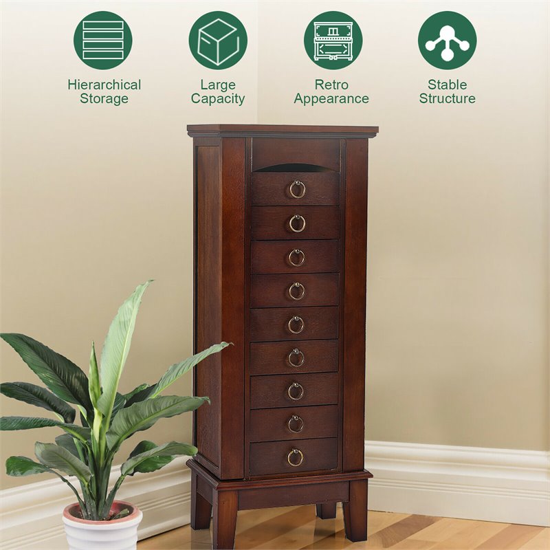 Costway Contemporary MDF and Glass Jewelry Cabinet with 6 Drawers in Walnut