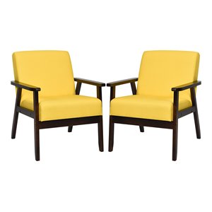 Costway 17&quot Solid Wood Upholstered Accent Armchair in Yellow (Set of 2)