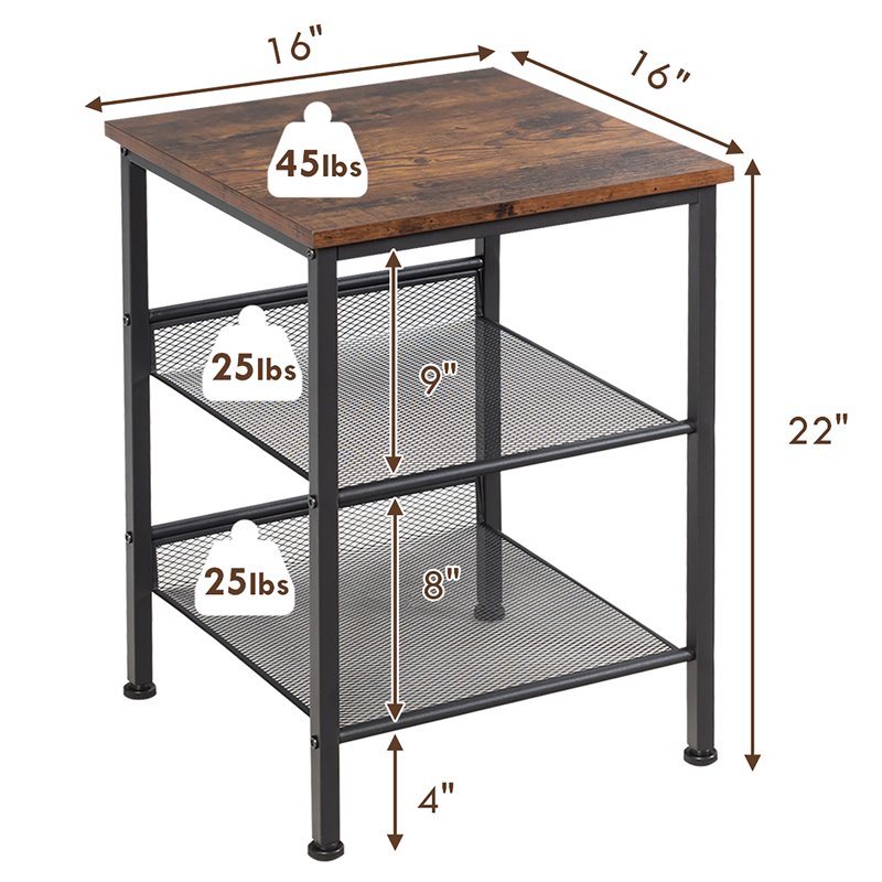 Costway Particleboard End Side Table with 2 Shelves in Brown (Set of 2)