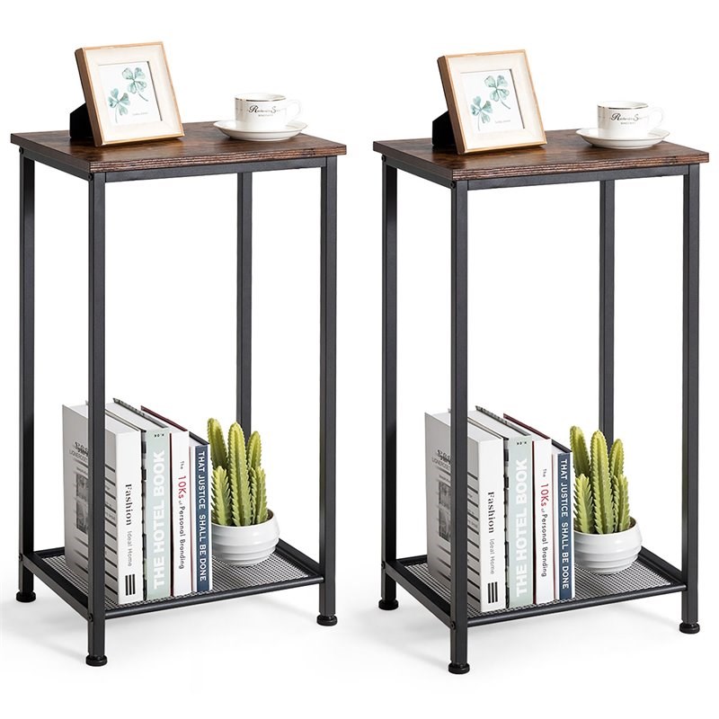 Costway Contemporary Particle Board and Steel End Table in Brown (Set of 2)