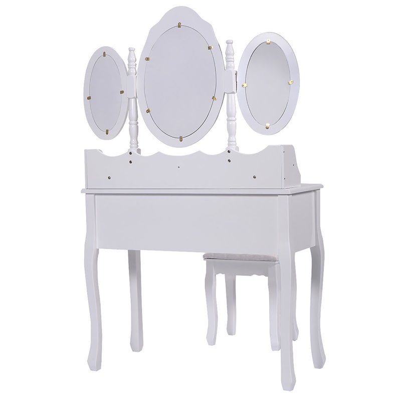 Costway Pine Wood Vanity Table Set with 7 Functional Drawers in White
