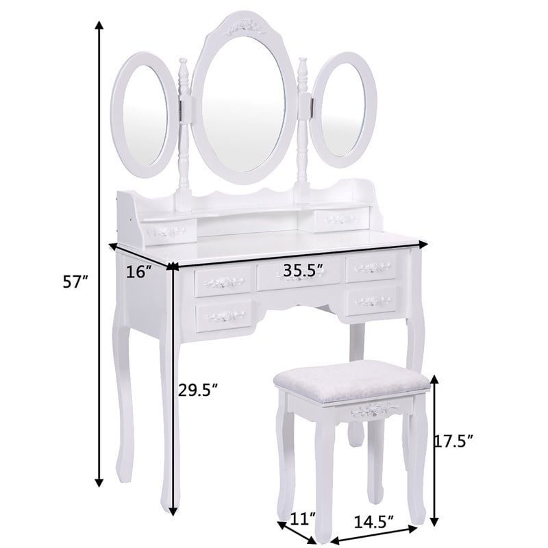 Costway Pine Wood Vanity Table Set with 7 Functional Drawers in White