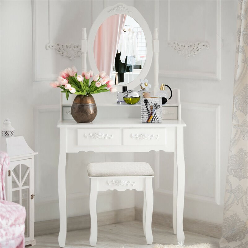 Costway Contemporary Pine Wood Vanity Table Set with 2 Big Drawers in White