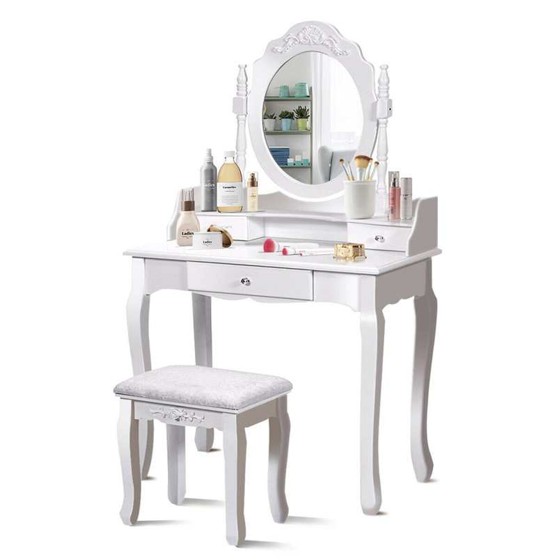 Costway Contemporary Pine Wood Vanity Table Set with 1 Big Drawer in White