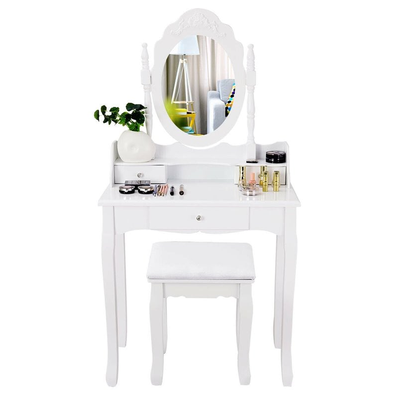 Costway Contemporary Pine Wood Vanity Table Set with 1 Big Drawer in White