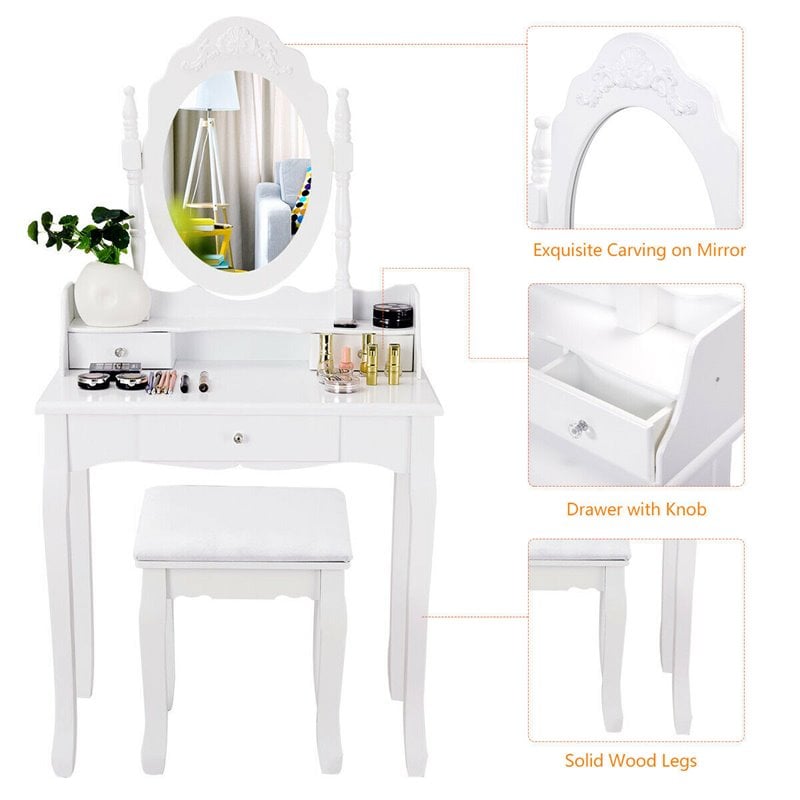 Costway Contemporary Pine Wood Vanity Table Set with 1 Big Drawer in White
