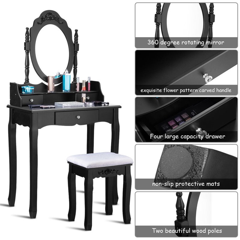Costway Contemporary Pine Wood Vanity Table Set with 1 Big Drawer in Black