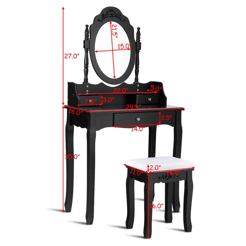 Costway Contemporary Pine Wood Vanity Table Set with 1 Big Drawer in Black