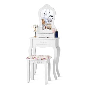 Costway Contemporary Pine Wood Vanity Table Set with 3 Storage Drawers in White