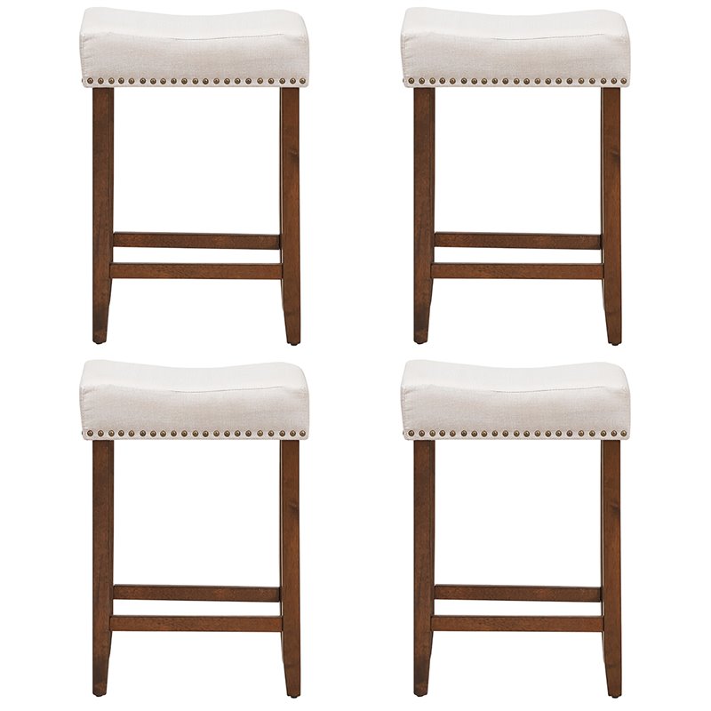 Costway 24'' Rubber Wood Nailhead Saddle Bar Stools in Beige (Set of 4)