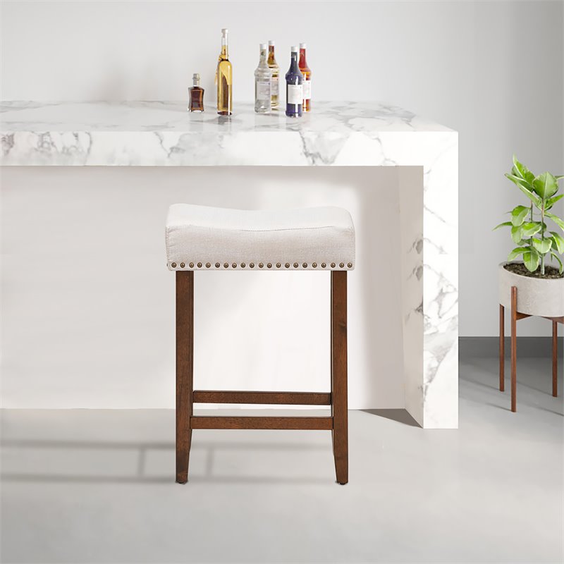 Costway 24'' Rubber Wood Nailhead Saddle Bar Stools in Beige (Set of 4)