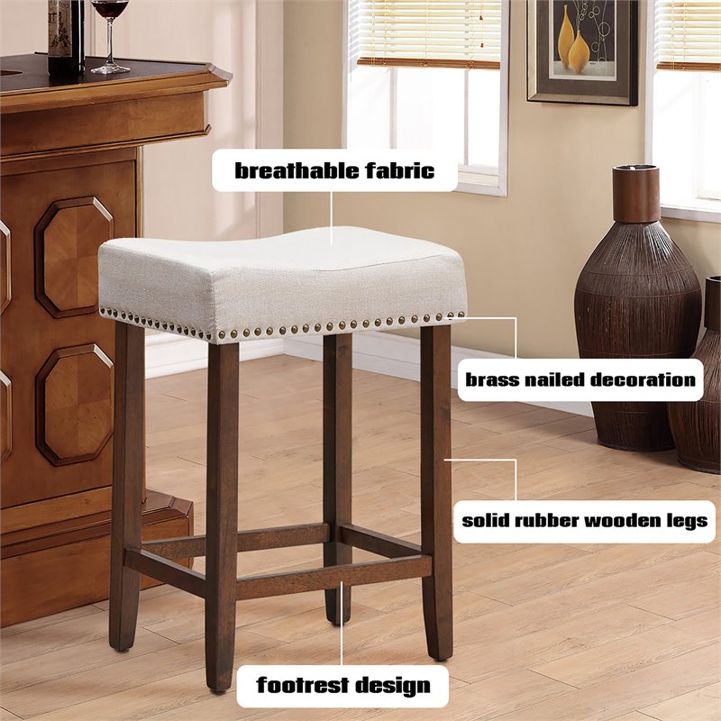 Costway 24'' Rubber Wood Nailhead Saddle Bar Stools in Beige (Set of 4)