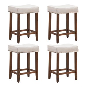 Costway 24'' Rubber Wood Nailhead Saddle Bar Stools in Beige (Set of 4)