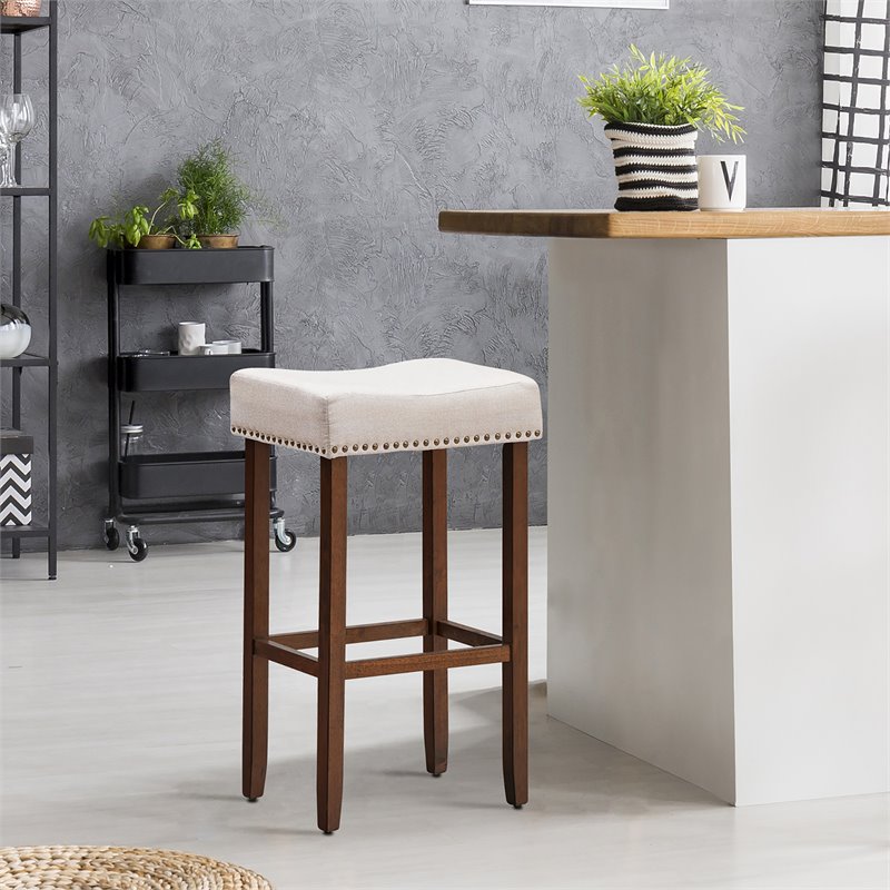 Costway 29'' Rubber Wood Nailhead Saddle Bar Stools in Beige (Set of 4)