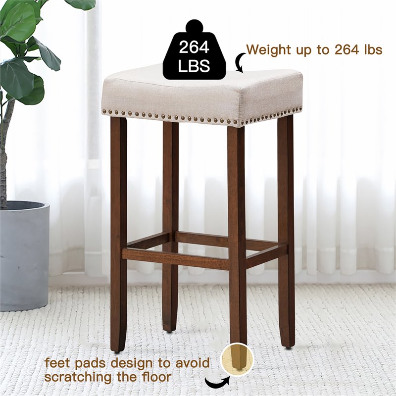 Costway 29'' Rubber Wood Nailhead Saddle Bar Stools in Beige (Set of 4)
