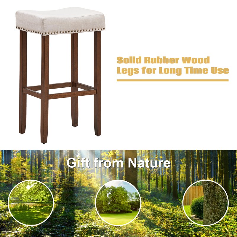 Costway 29'' Rubber Wood Nailhead Saddle Bar Stools in Beige (Set of 4)