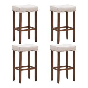 Costway 29'' Rubber Wood Nailhead Saddle Bar Stools in Beige (Set of 4)