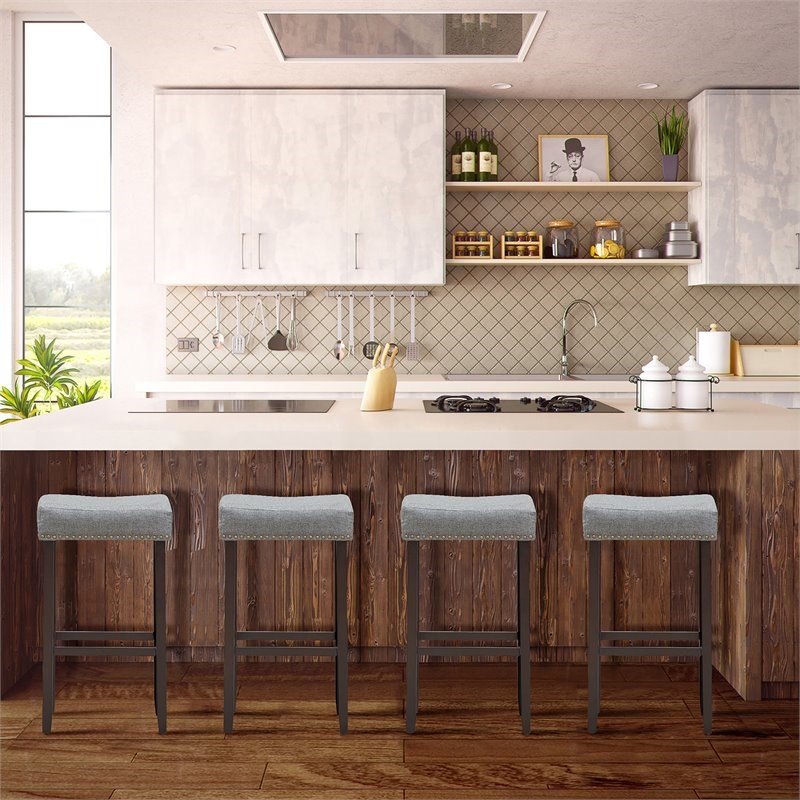 Costway 29'' Rubber Wood Nailhead Saddle Bar Stools in Gray (Set of 4)