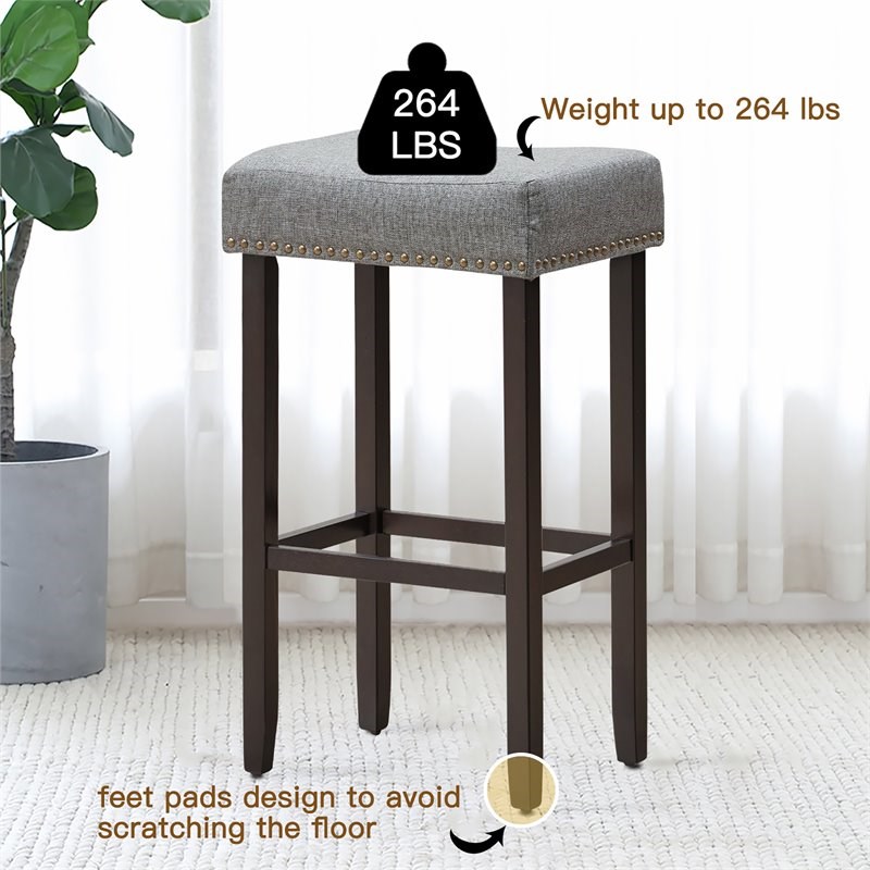 Costway 29'' Rubber Wood Nailhead Saddle Bar Stools in Gray (Set of 4)
