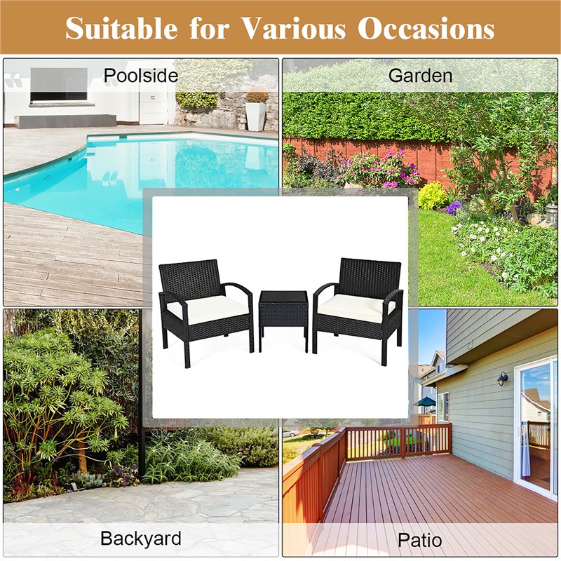Costway 3 Pieces Rattan Patio Furniture Set with Cushion Outdoor in Black