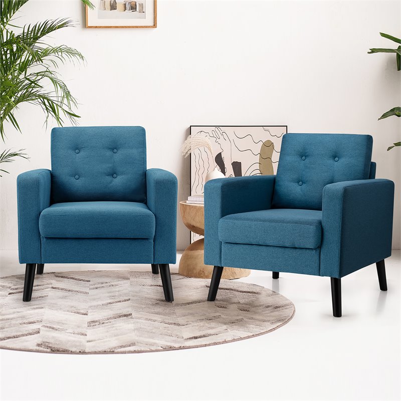 Costway Tufted Upholstered Fabric Modern Accent Armchair in Blue (Set of 2)