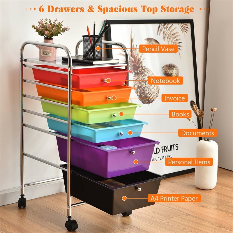 Costway Metal Scrapbook Paper Rolling Storage Cart with 6 Drawers in Multi-Color