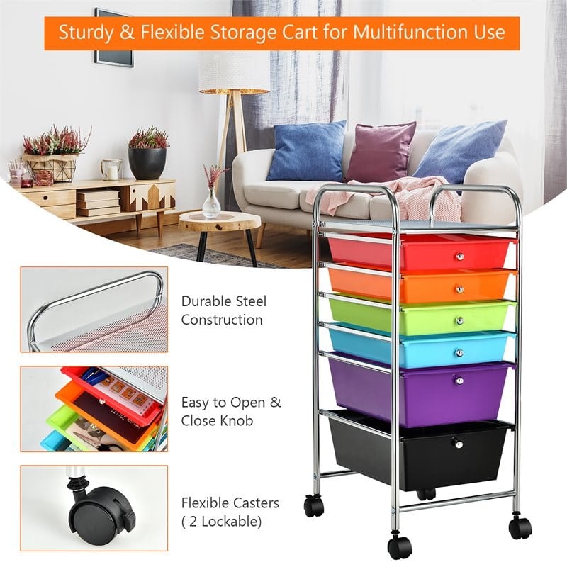 Costway Metal Scrapbook Paper Rolling Storage Cart with 6 Drawers in Multi-Color