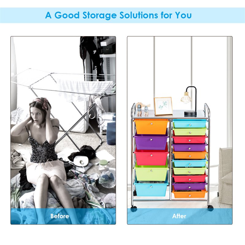 Costway Scrapbook Paper Rolling Storage Cart with 15 Drawers in Multi-Color