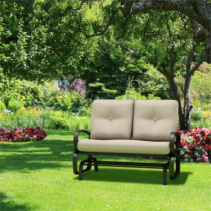 Costway Steel Metal Outdoor Patio Rocking Bench with Cushion Seat in Black