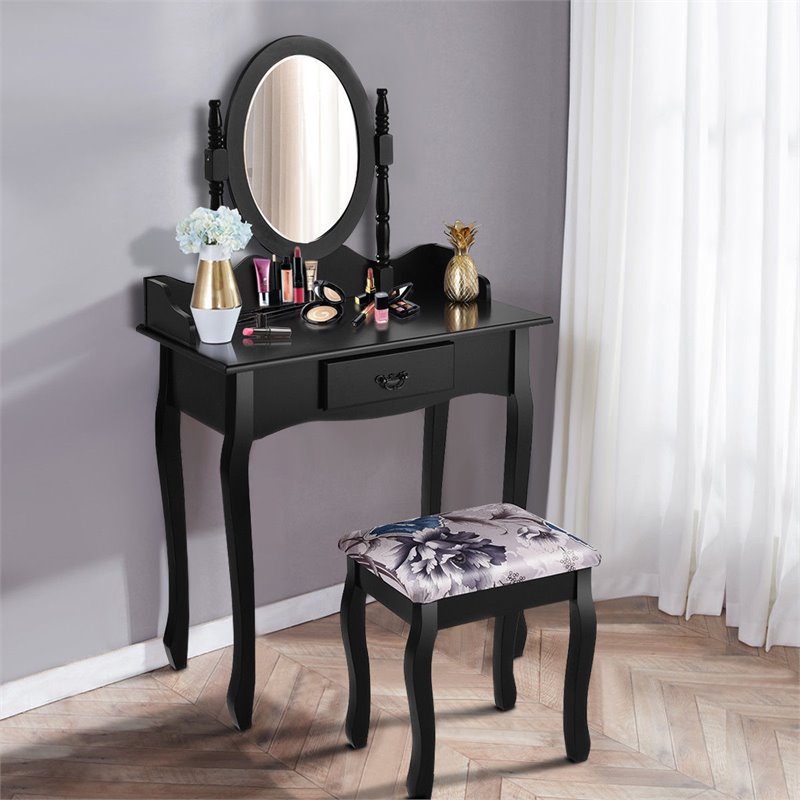 Costway MDF and Sponge Vanity Table Set with Dressing Table and Stool in Black