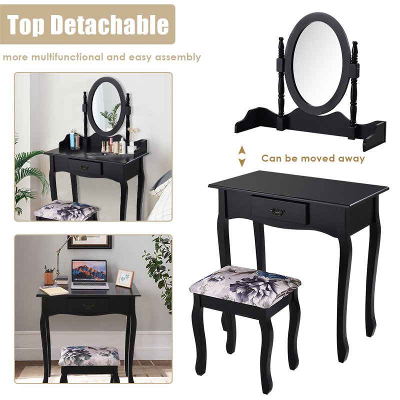 Costway MDF and Sponge Vanity Table Set with Dressing Table and Stool in Black