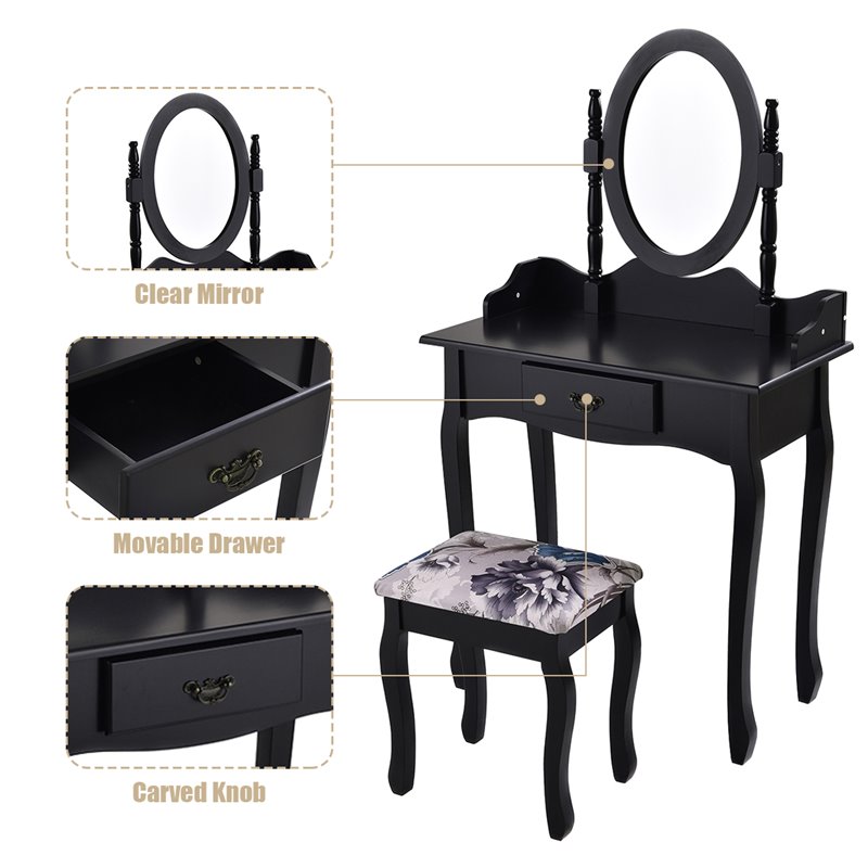 Costway MDF and Sponge Vanity Table Set with Dressing Table and Stool in Black
