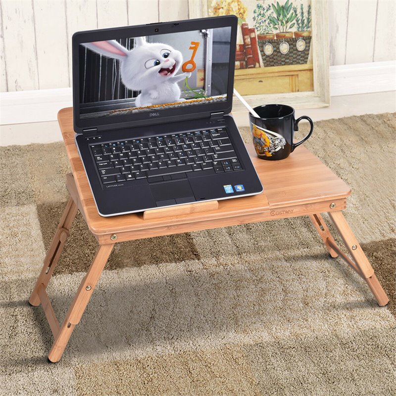Costway Folding Laptop Desk Table with Serving Tray & Drawer in Brown