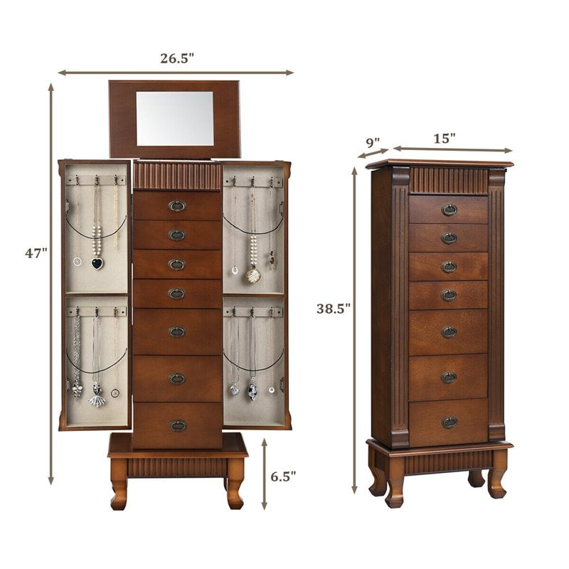 Costway MDF and Glass Jewelry Cabinet with 2 Swing-out Doors in Brown