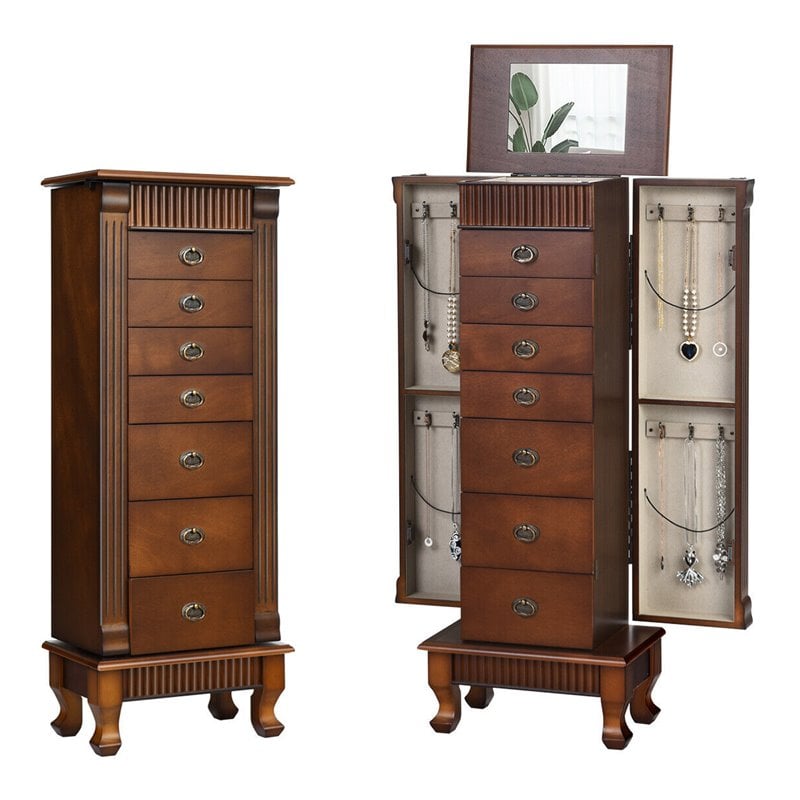 Costway MDF and Glass Jewelry Cabinet with 2 Swing-out Doors in Brown