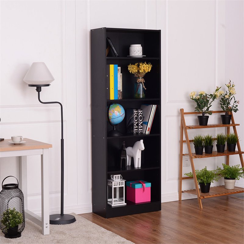 Costway 5-tier Contemporary Particle Board Bookcase Cabinet in Black