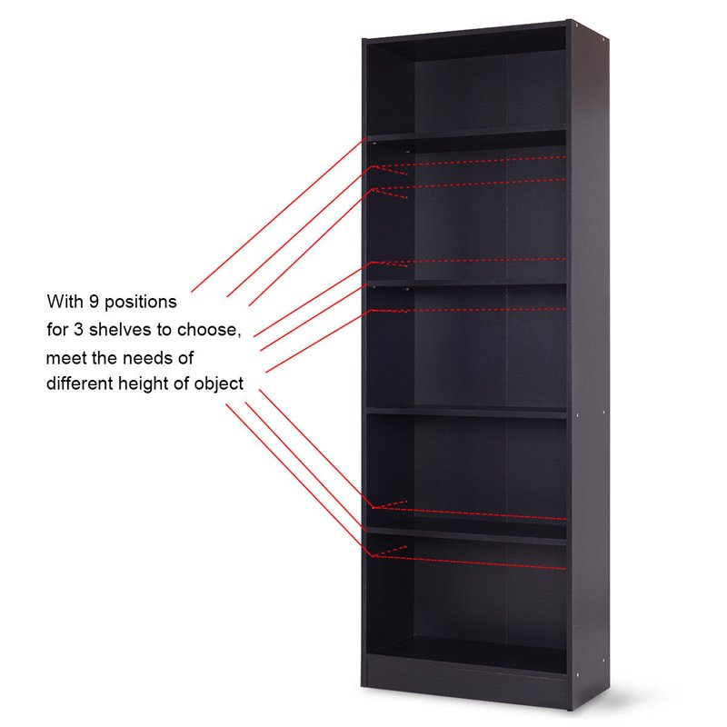 Costway 5-tier Contemporary Particle Board Bookcase Cabinet in Black
