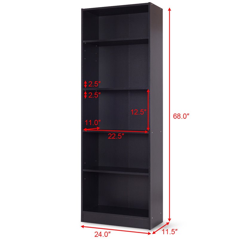 Costway 5-tier Contemporary Particle Board Bookcase Cabinet in Black
