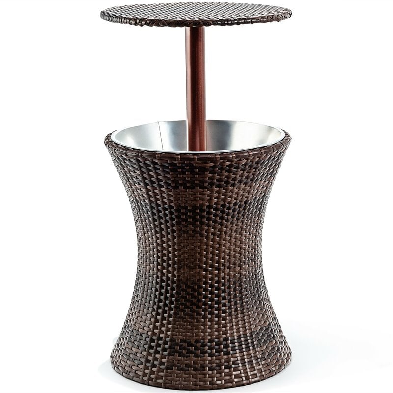 Costway Contemporary Iron and Rattan Height Adjustable Cool Bar Table in Brown