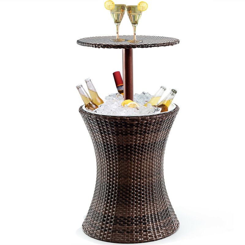 Costway Contemporary Iron and Rattan Height Adjustable Cool Bar Table in Brown