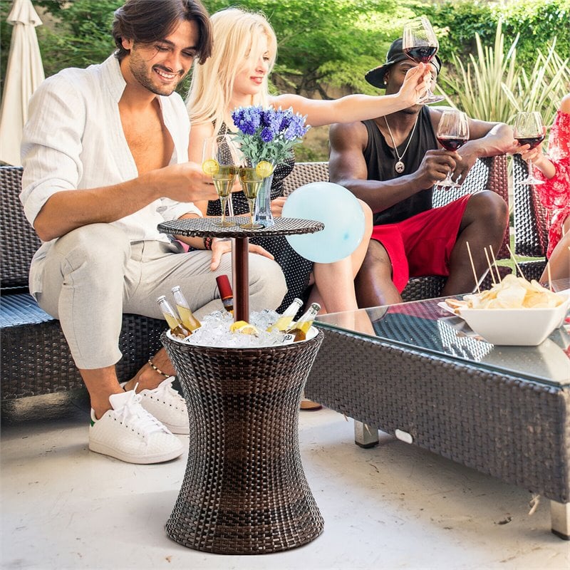 Costway Contemporary Iron and Rattan Height Adjustable Cool Bar Table in Brown