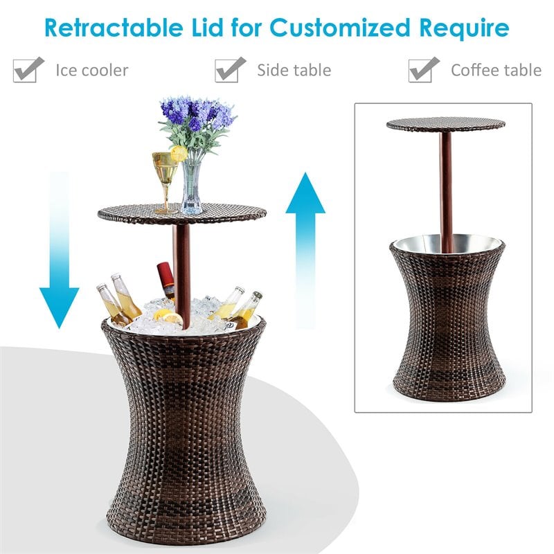 Costway Contemporary Iron and Rattan Height Adjustable Cool Bar Table in Brown